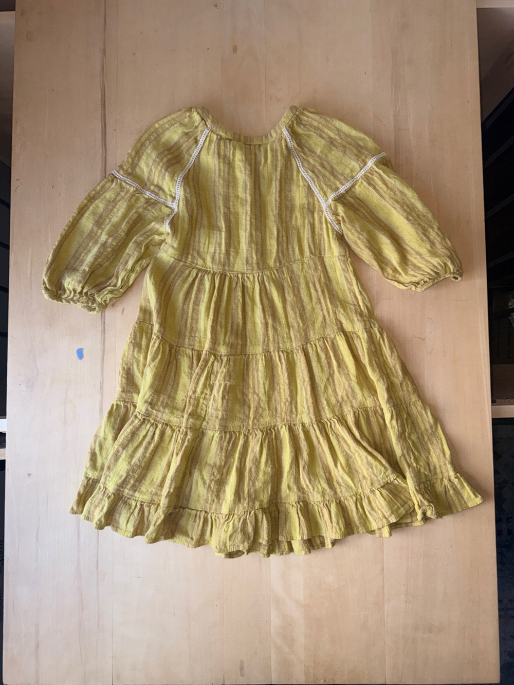 Zara kids Linen Blend Long Sleeve mustard yellow / beige dress 9/10 - Picture 3 of 6